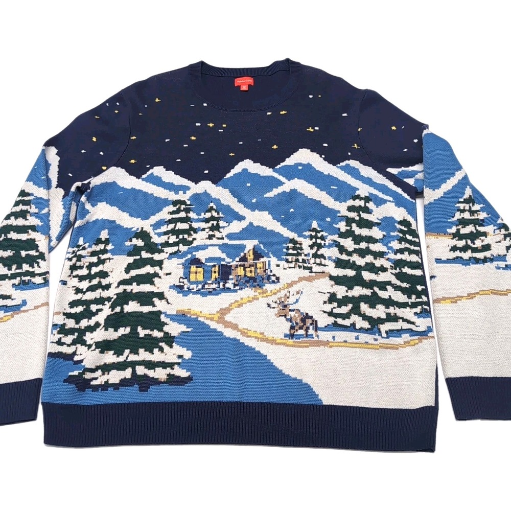 Holiday Lane Sweater Mens XXL 2XL Winter Mountain‎ Cabin Snow Scene NEW NWOT